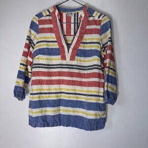 BODEN 100%‎ V-neck Linen pastel multi striped pink blue yellow colorful blouse 2